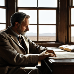 A contemplative individual, reminiscent of an academic or profound storyteller, in a sun-drenched, antique-filled study. The person is fully clothed in a modest, professional linen suit in muted earthy tones, seated naturally amidst stacks of old, leather-bound books, vintage maps, and a globe. Through a large, arching window, a hazy, atmospheric landscape unfolds, blending the vastness of a desert with distant historical architecture, symbolizing fragmented memories and diverse geographies. The scene is imbued with a soft, melancholic light, creating a deep, reflective atmosphere. Perfect anatomy, correct proportions, natural pose, well-formed hands, proper finger count, natural body proportions, professional photography, high quality, safe for work, appropriate content, fully clothed, modest clothing, family-friendly.