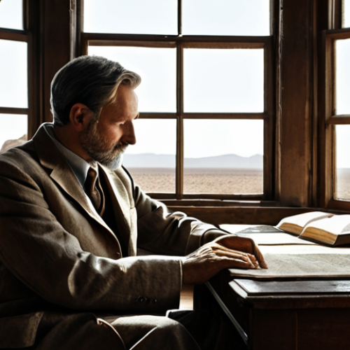 Home 11 A contemplative individual, reminiscent of an academic or profound storyteller, in a sun-drenched, antique-filled study. The person is fully clothed in a modest, professional linen suit in muted earthy tones, seated naturally amidst stacks of old, leather-bound books, vintage maps, and a globe. Through a large, arching window, a hazy, atmospheric landscape unfolds, blending the vastness of a desert with distant historical architecture, symbolizing fragmented memories and diverse geographies. The scene is imbued with a soft, melancholic light, creating a deep, reflective atmosphere. Perfect anatomy, correct proportions, natural pose, well-formed hands, proper finger count, natural body proportions, professional photography, high quality, safe for work, appropriate content, fully clothed, modest clothing, family-friendly.