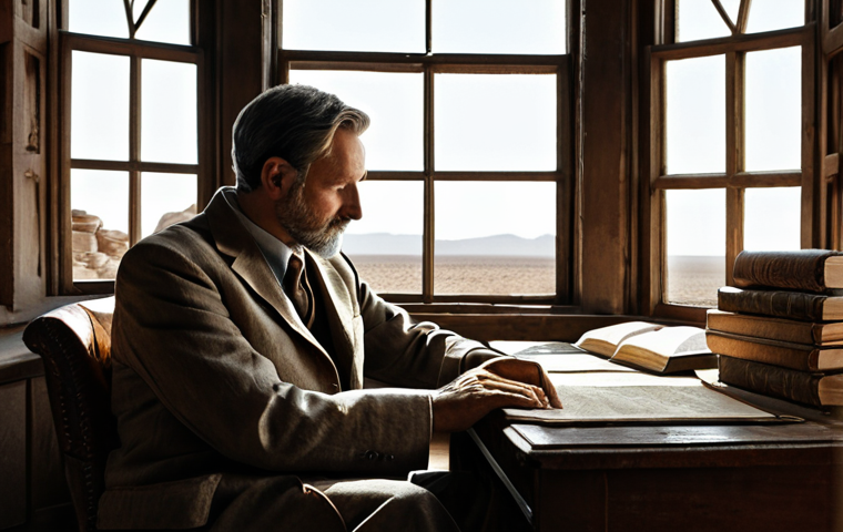 A contemplative individual, reminiscent of an academic or profound storyteller, in a sun-drenched, antique-filled study. The person is fully clothed in a modest, professional linen suit in muted earthy tones, seated naturally amidst stacks of old, leather-bound books, vintage maps, and a globe. Through a large, arching window, a hazy, atmospheric landscape unfolds, blending the vastness of a desert with distant historical architecture, symbolizing fragmented memories and diverse geographies. The scene is imbued with a soft, melancholic light, creating a deep, reflective atmosphere. Perfect anatomy, correct proportions, natural pose, well-formed hands, proper finger count, natural body proportions, professional photography, high quality, safe for work, appropriate content, fully clothed, modest clothing, family-friendly.