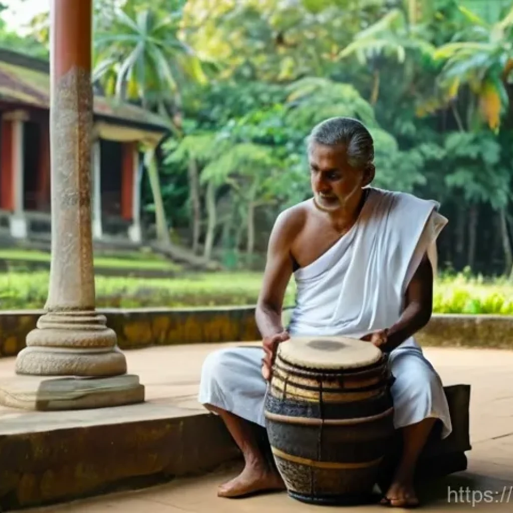 스리랑카의 대표 가수 히바 마웰라 - **Ancient Rhythms in a Sacred Courtyard:**
A male Sri Lankan musician in his late 50s, with a we...