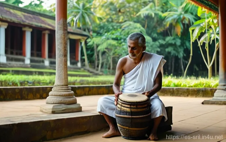 스리랑카의 대표 가수 히바 마웰라 - **Ancient Rhythms in a Sacred Courtyard:**
A male Sri Lankan musician in his late 50s, with a we...