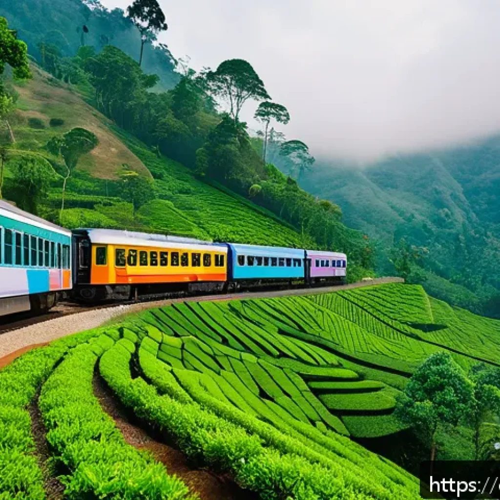 스리랑카 내 이동수단 정보 - A vibrant panoramic scene of a local Sri Lankan train traveling through lush green tea plantations a...