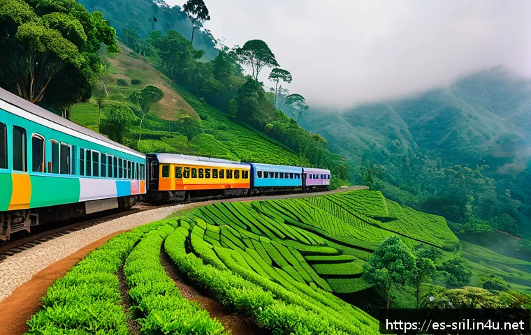스리랑카 내 이동수단 정보 - A vibrant panoramic scene of a local Sri Lankan train traveling through lush green tea plantations a...
