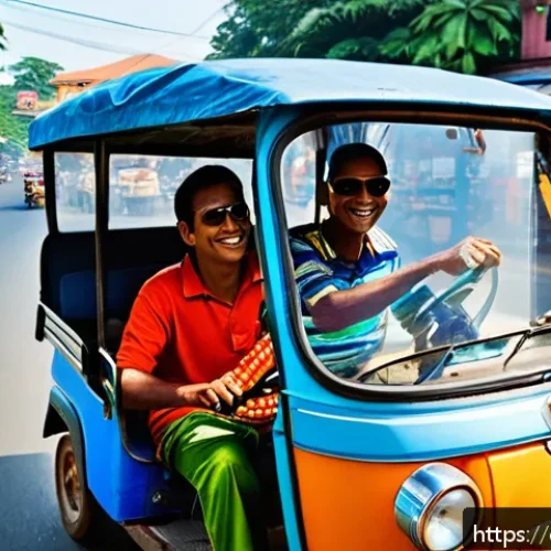Home 30 스리랑카 관광 주의사항 - A vibrant street scene in Sri Lanka showing a colorful tuk-tuk with a local driver and a tourist pas...