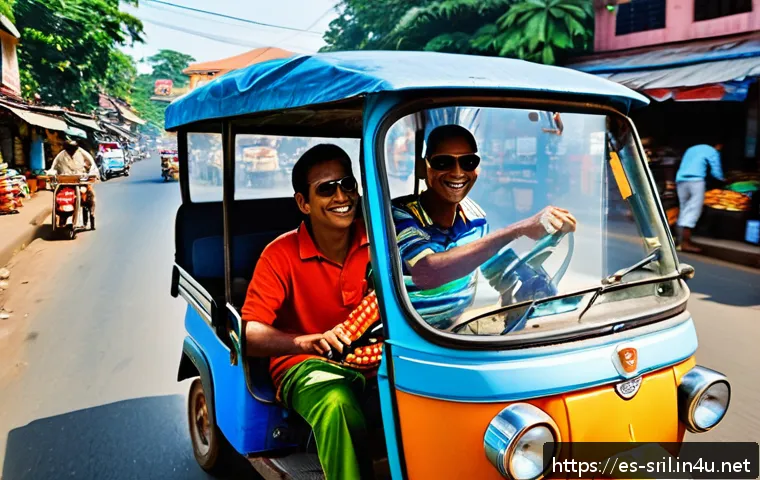 스리랑카 관광 주의사항 - A vibrant street scene in Sri Lanka showing a colorful tuk-tuk with a local driver and a tourist pas...