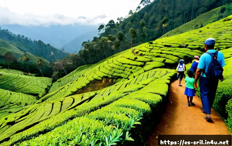 스리랑카 차밭 투어 - Photorealistic wide-angle view of a Sri Lanka tea plantation tour in the misty central highlands, ro...